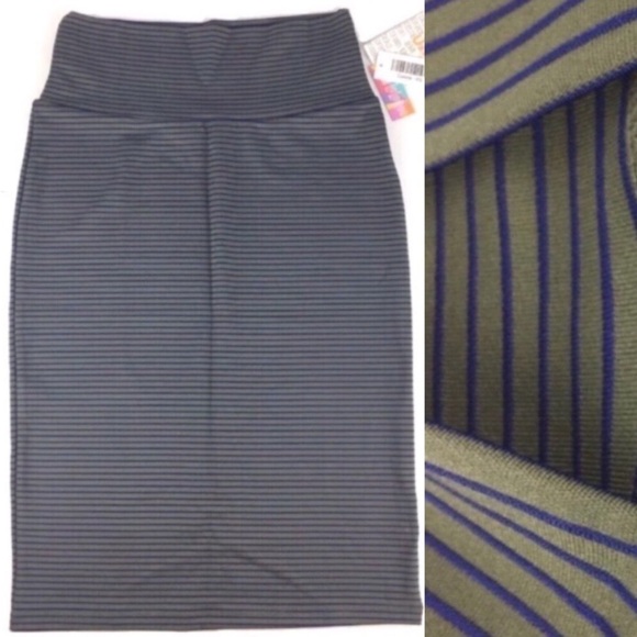 LULAROE Cassie Skirt Pencil Fitted Striped Olive Navy Blue Stretchy Size XS NWT - Picture 1 of 7